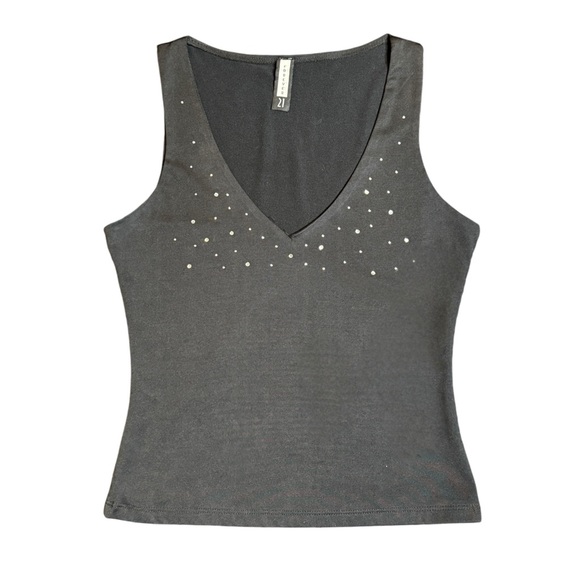 Y2K Forever 21 Black Rhinestone V Neckline Top Size Medium - Picture 1 of 5